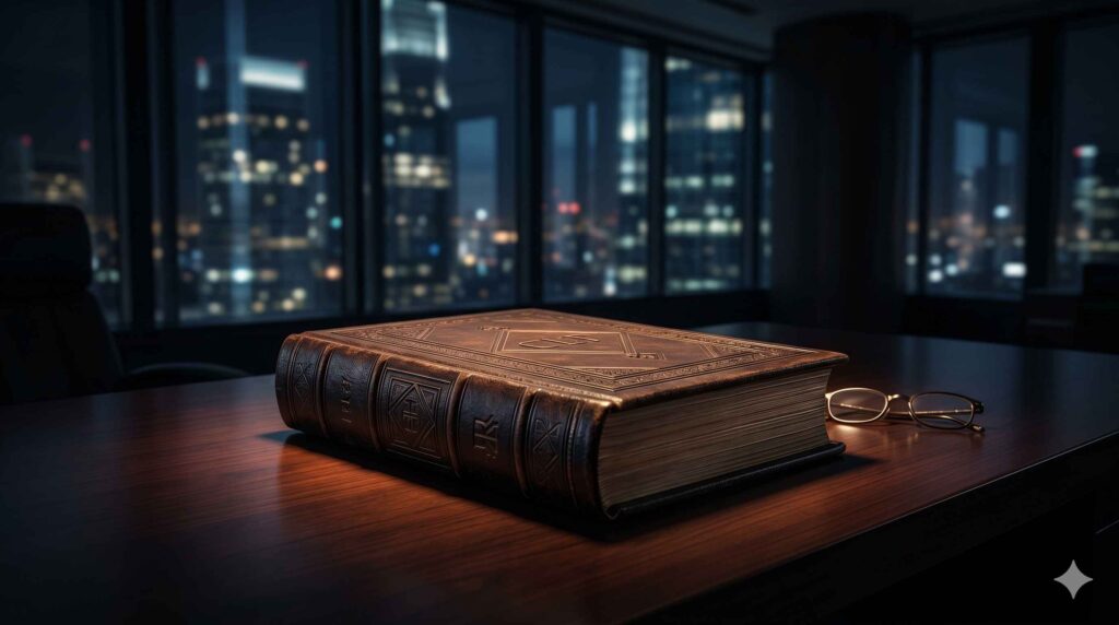 Fotografia cinematográfica de um imponente livro jurídico de couro escuro clássico sobre uma moderna mesa executiva, com óculos ao lado, tendo como fundo desfocado a vista noturna de um escritório corporativo envidraçado.
