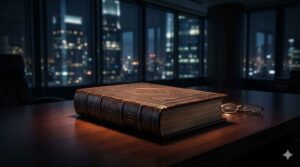 Fotografia cinematográfica de um imponente livro jurídico de couro escuro clássico sobre uma moderna mesa executiva, com óculos ao lado, tendo como fundo desfocado a vista noturna de um escritório corporativo envidraçado.