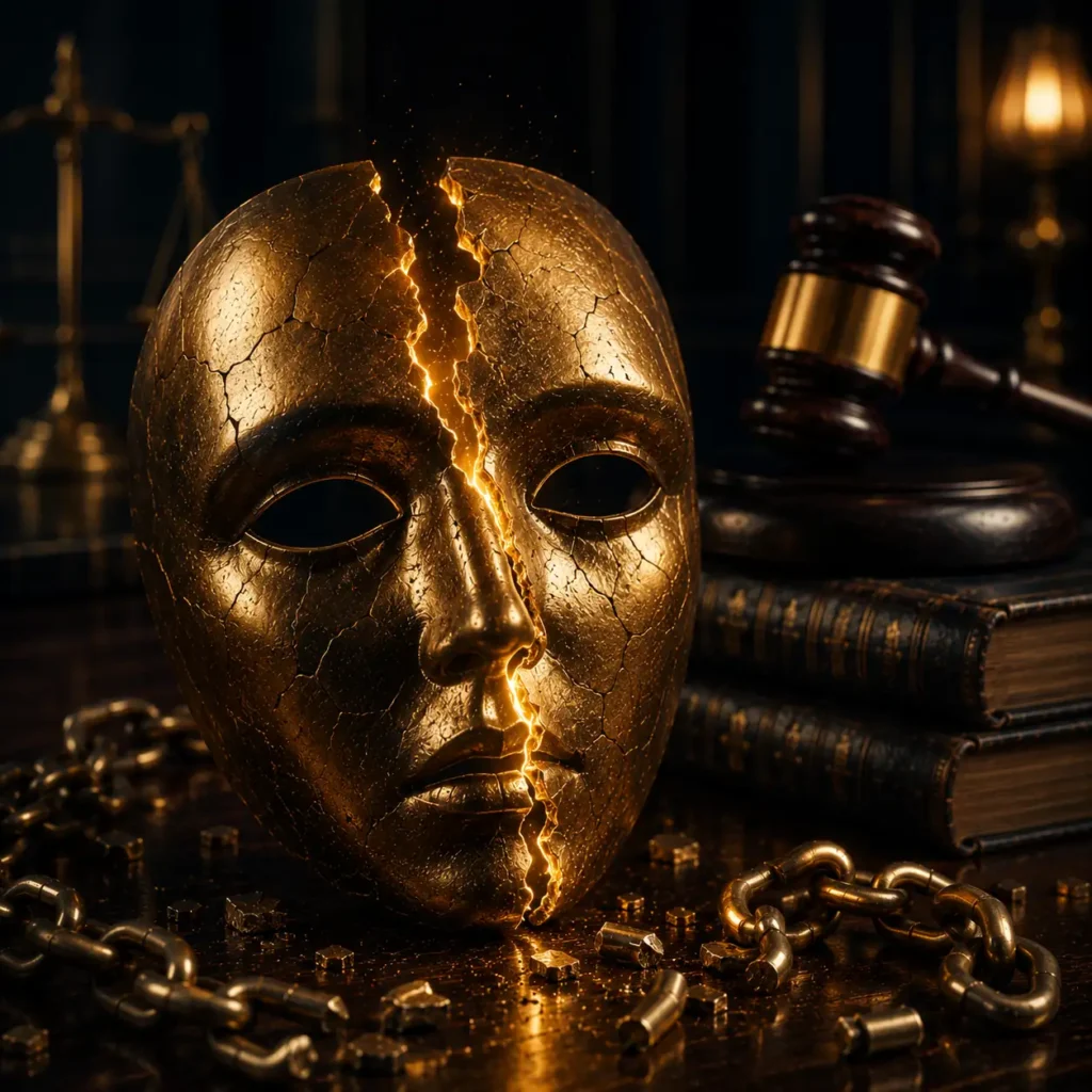 Máscara dourada rachada ao meio com luz emanando da fenda, cercada por correntes, martelo de juiz e balança da justiça ao fundo, representando o assédio moral em banco