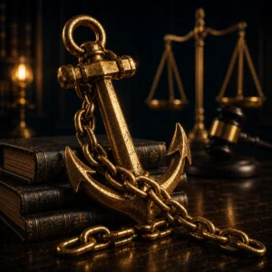 Âncora dourada presa por correntes sobre livros de leis, com martelo de juiz e balança da justiça ao fundo, representando a estabilidade do bancário demitido