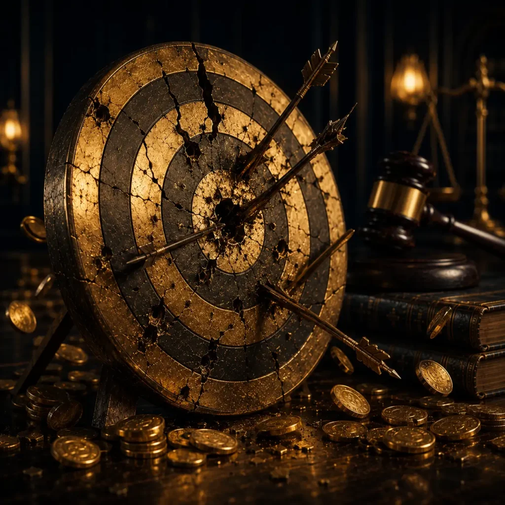 Alvo dourado rachado com flechas cravadas no centro e moedas de ouro espalhadas, com martelo de juiz e balança da justiça ao fundo, representando a cobrança de metas abusivas pelo banco