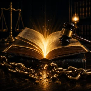 Livro dourado aberto e iluminado, com martelo de juiz sobre ele e correntes douradas quebradas ao redor, representando os direitos do bancário demitido