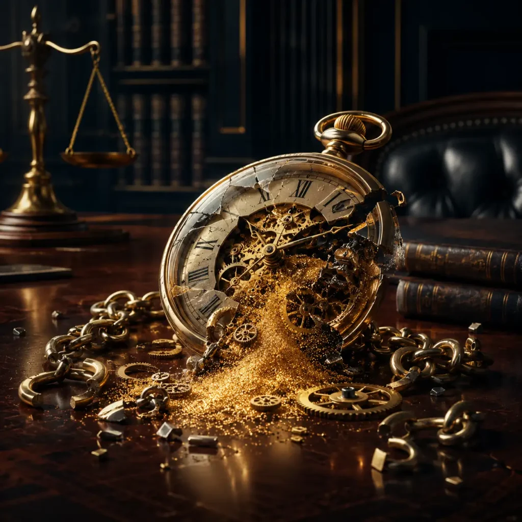 Relógio de bolso dourado quebrado com corrente, engrenagens expostas e areia dourada se espalhando, com balança da justiça e cadeira de escritório ao fundo, representando o direito do gerente de banco a horas extras