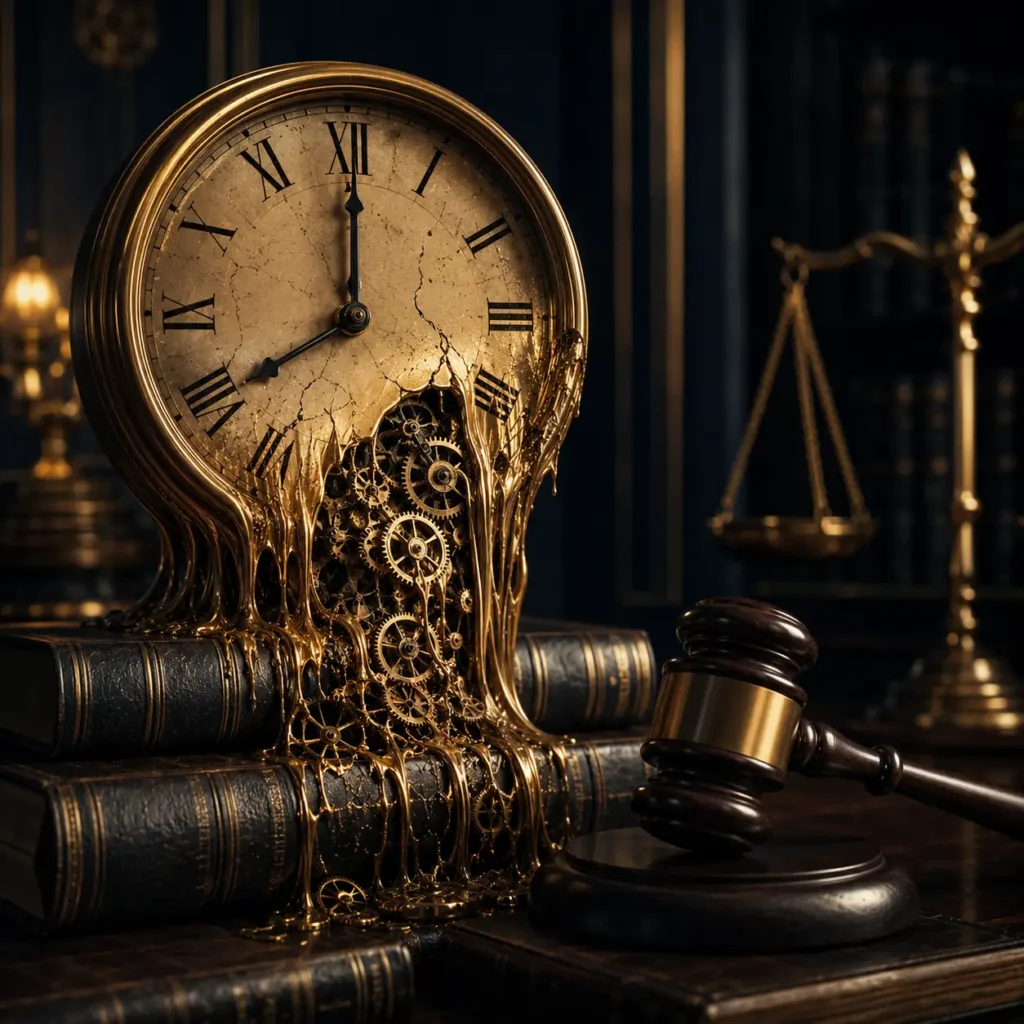 Relógio dourado derretendo sobre livros de leis, com engrenagens à mostra, martelo de juiz e balança da justiça ao fundo, representando a jornada de trabalho bancário