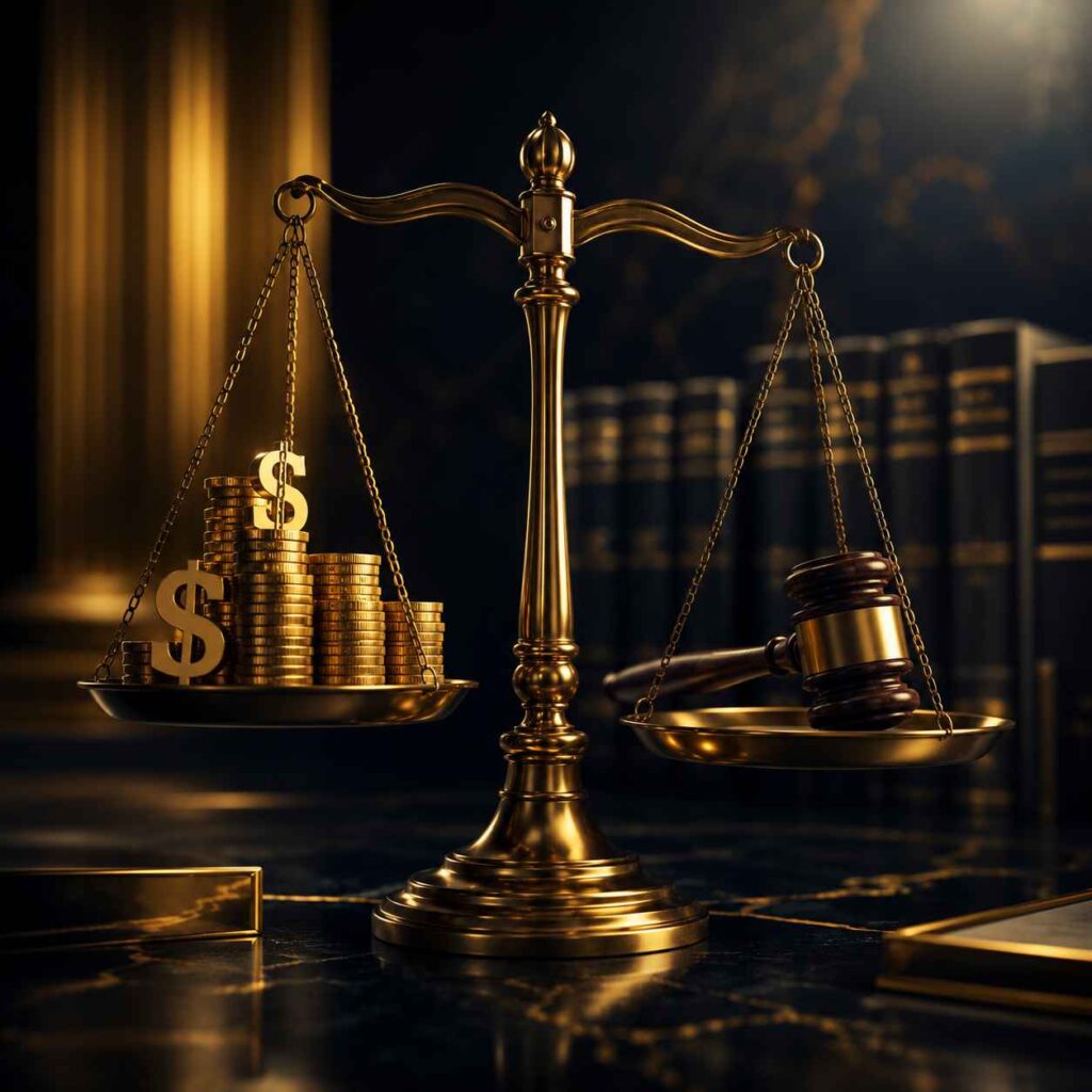 Balança da justiça dourada pesando moedas com símbolo de cifrão de um lado e um martelo de juiz do outro, com livros jurídicos ao fundo, representando o valor de um processo trabalhista bancário
