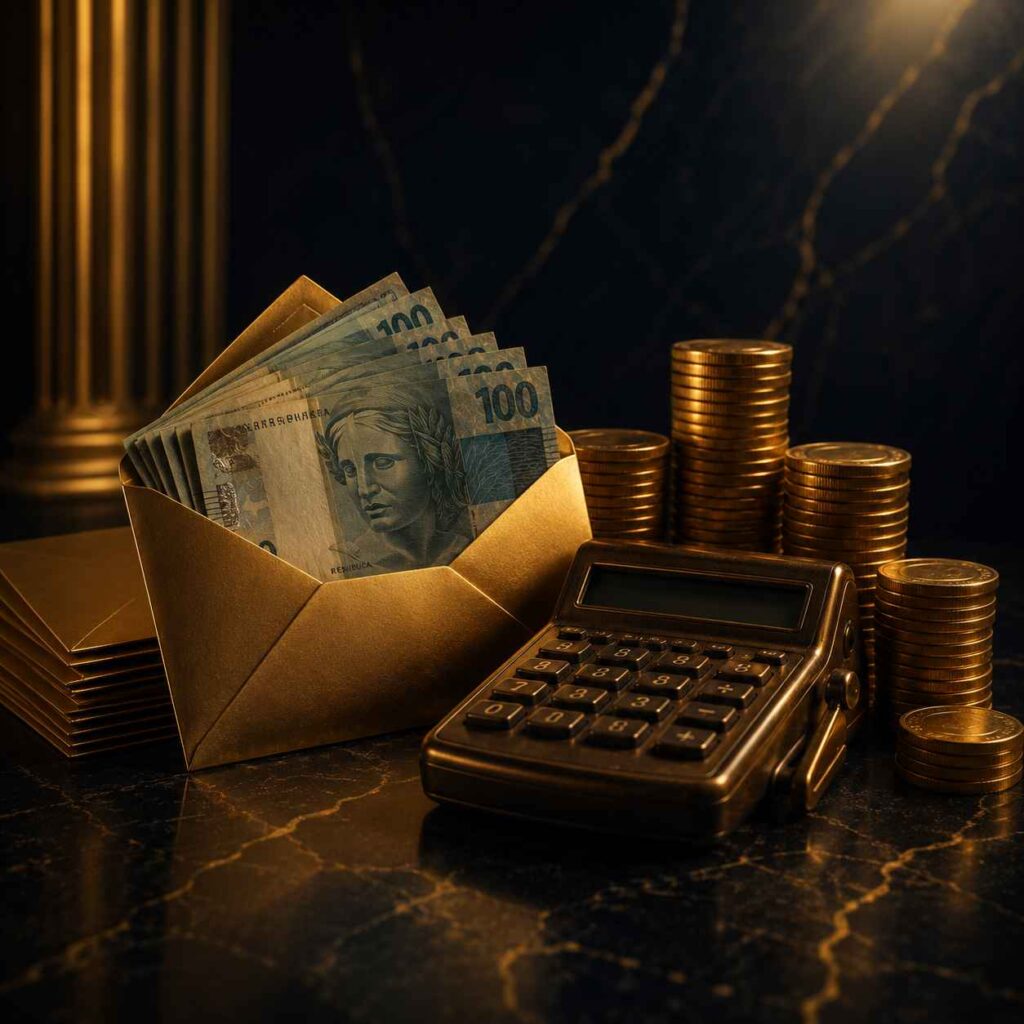 Envelope dourado com notas de real, calculadora e pilhas de moedas de ouro sobre superfície escura, representando as verbas rescisórias do bancário