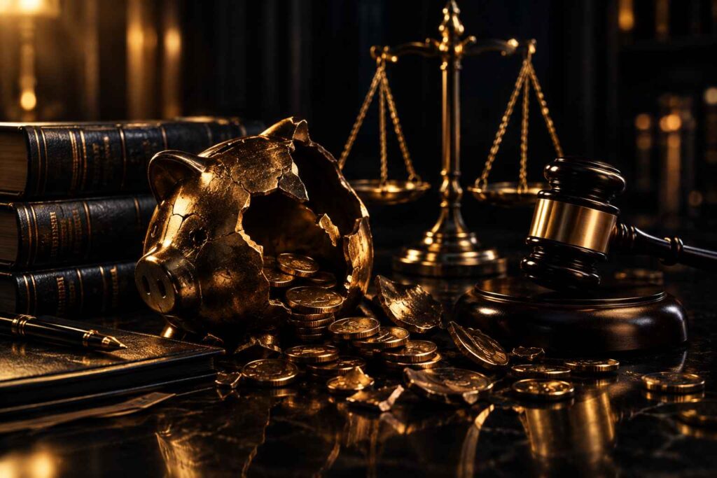 Imagem em tons escuros e dourados com um cofrinho de ouro quebrado, moedas espalhadas, um martelo da justiça, balança e livros jurídicos, representando dano moral bancário e conflitos entre consumidores e instituições financeiras.